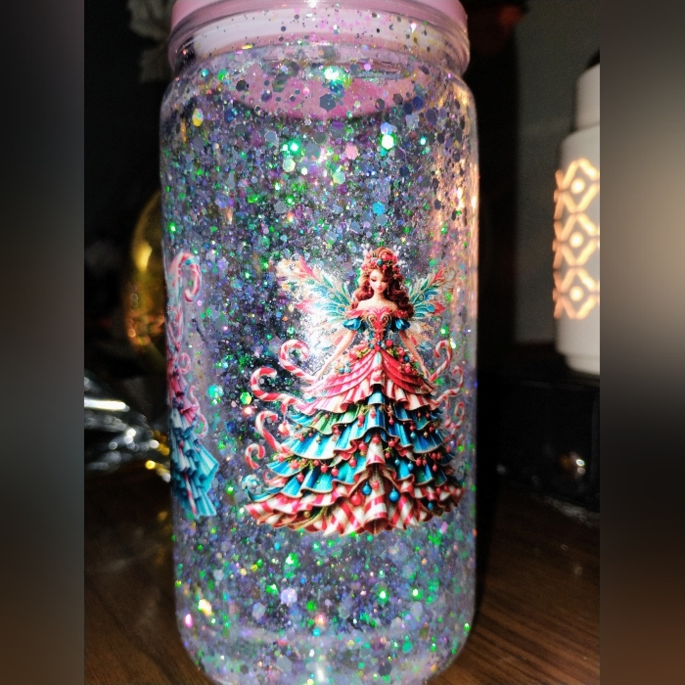 Glittery Fairy Snowglobe Cup with Pink and Blue Accents Of Glitter & Snowflakes